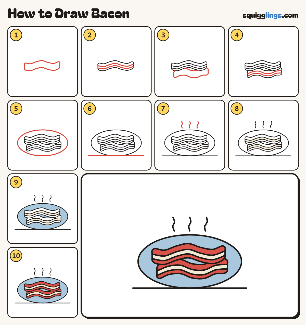 How to Draw Bacon step by step: all 10 steps in one picture