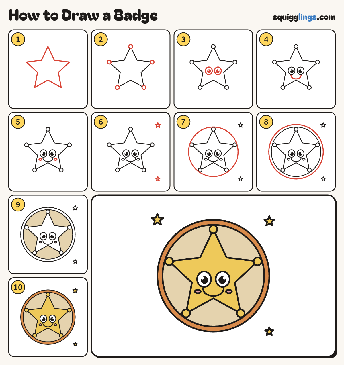 How to Draw a Badge step by step: all 10 steps in one picture
