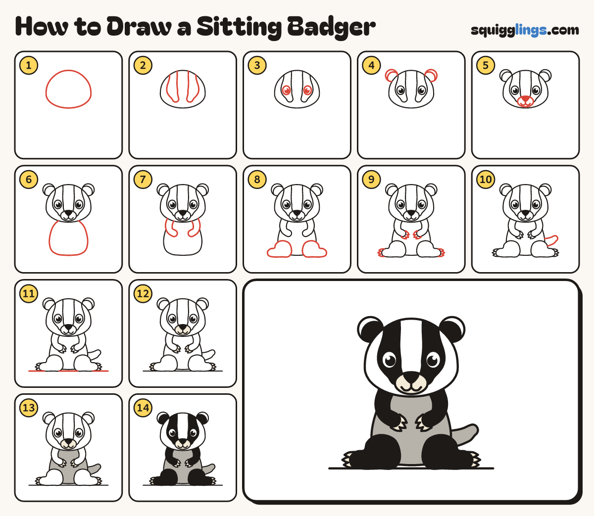 How to Draw a Sitting Badger step by step: all 14 steps in one picture