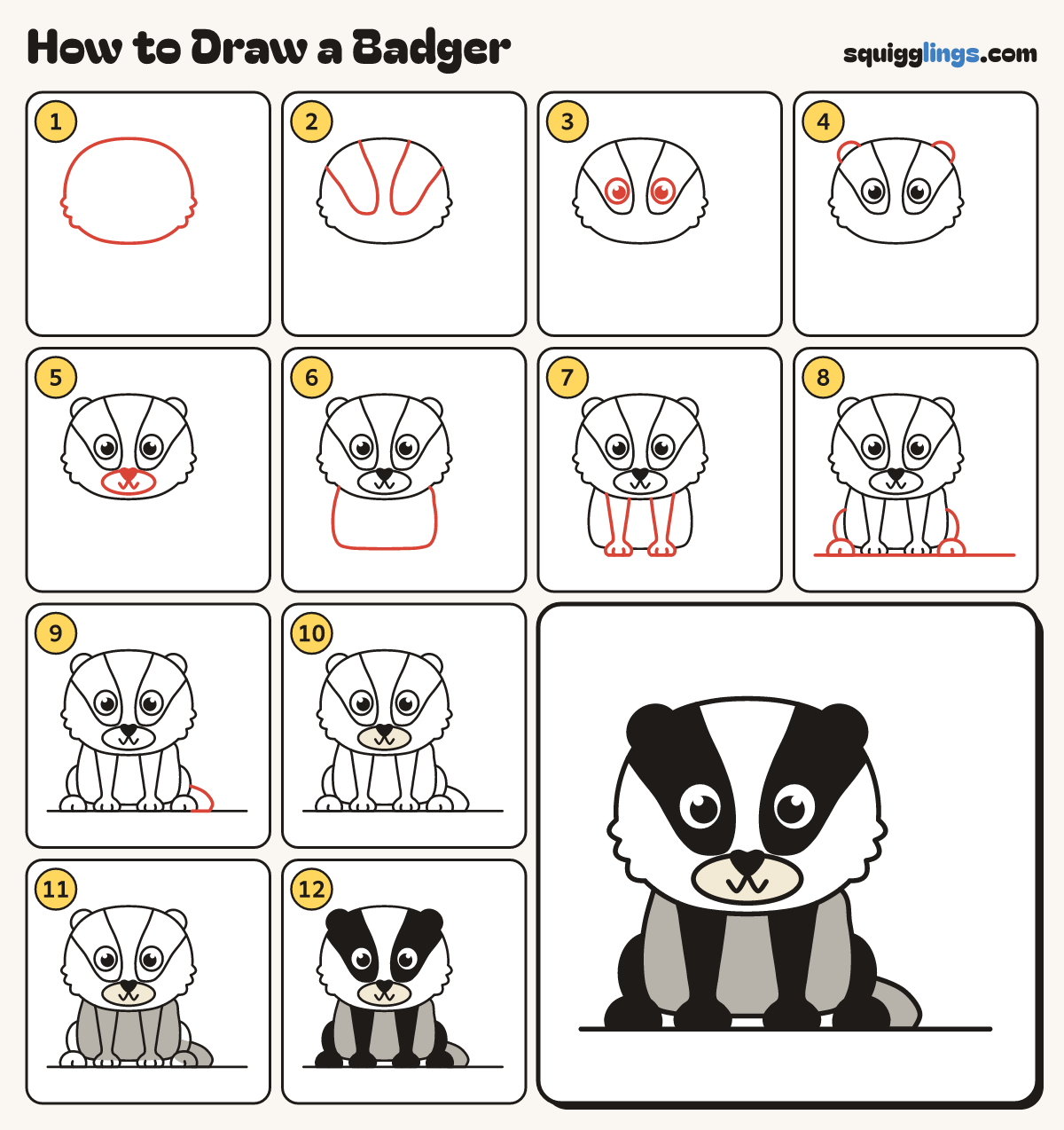 How to Draw a Badger step by step: all 12 steps in one picture