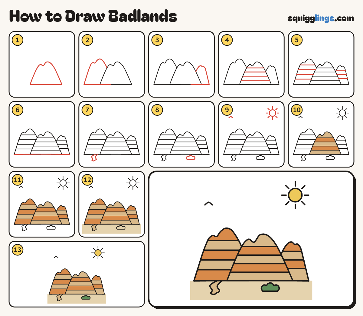 How to Draw Badlands step by step: all 13 steps in one picture