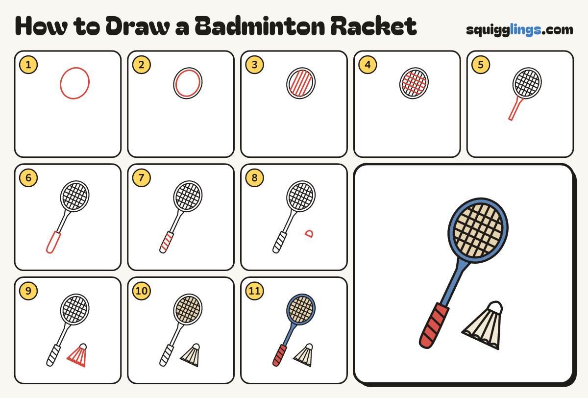 How to Draw a Badminton Racket step by step: all 11 steps in one picture