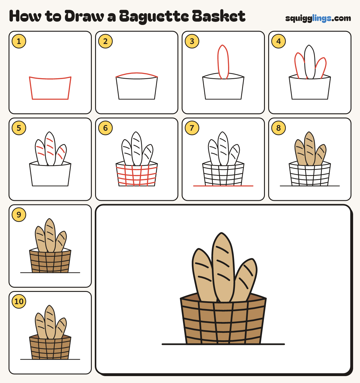How to Draw a Baguette Basket step by step: all 10 steps in one picture