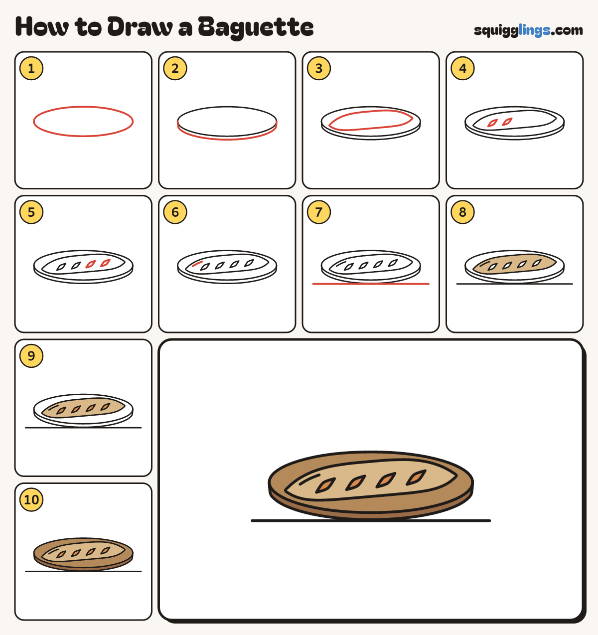 How to Draw a Baguette step by step: all 10 steps in one picture