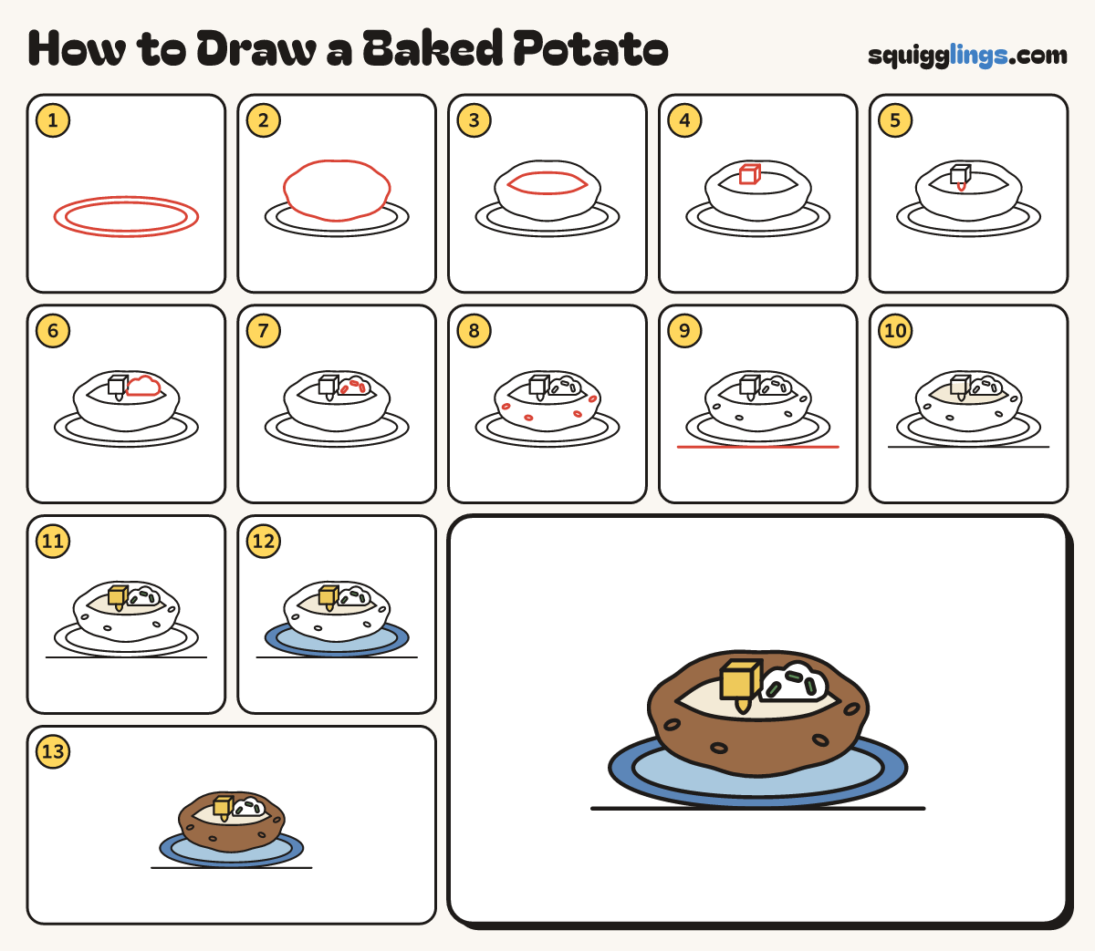 How to Draw a Baked Potato step by step: all 13 steps in one picture