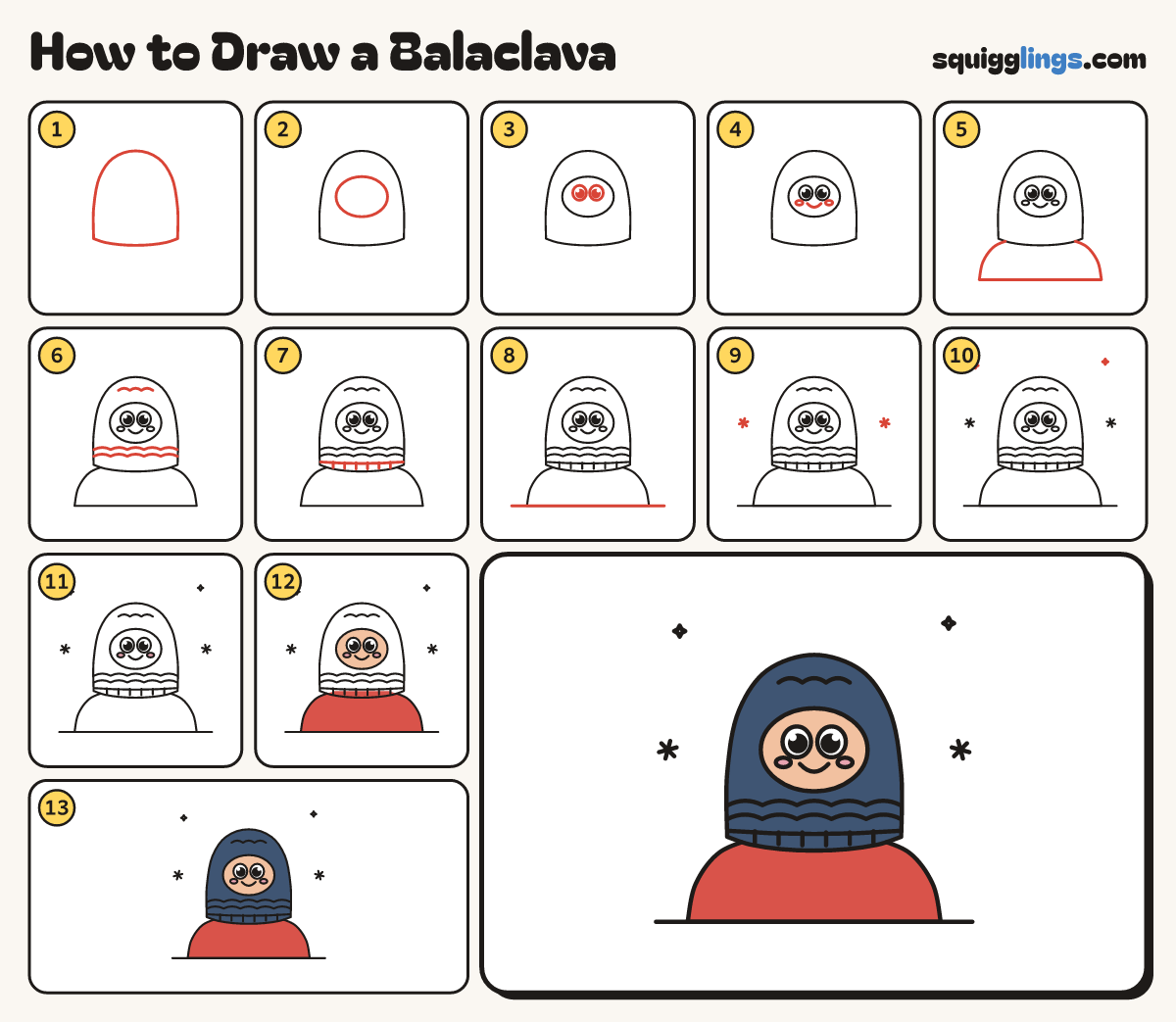 How to Draw a Balaclava step by step: all 13 steps in one picture
