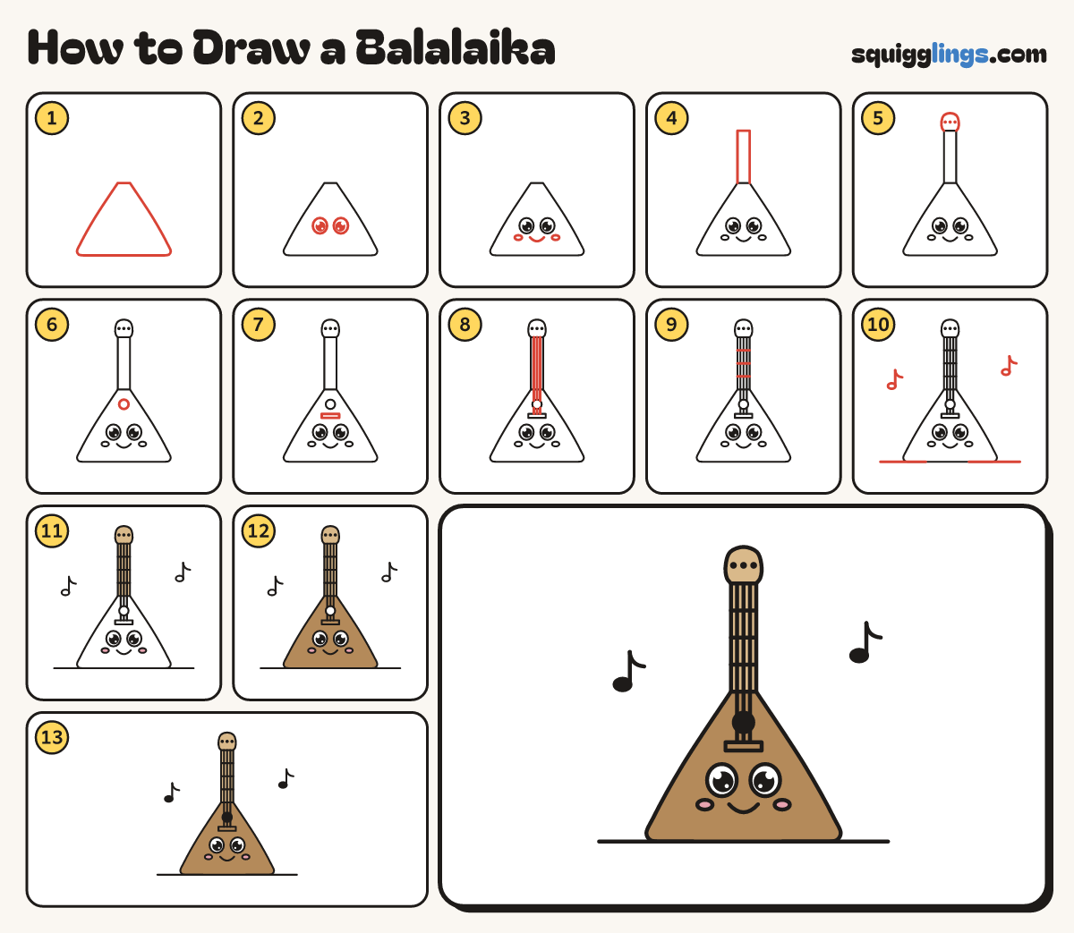 How to Draw a Balalaika step by step: all 13 steps in one picture