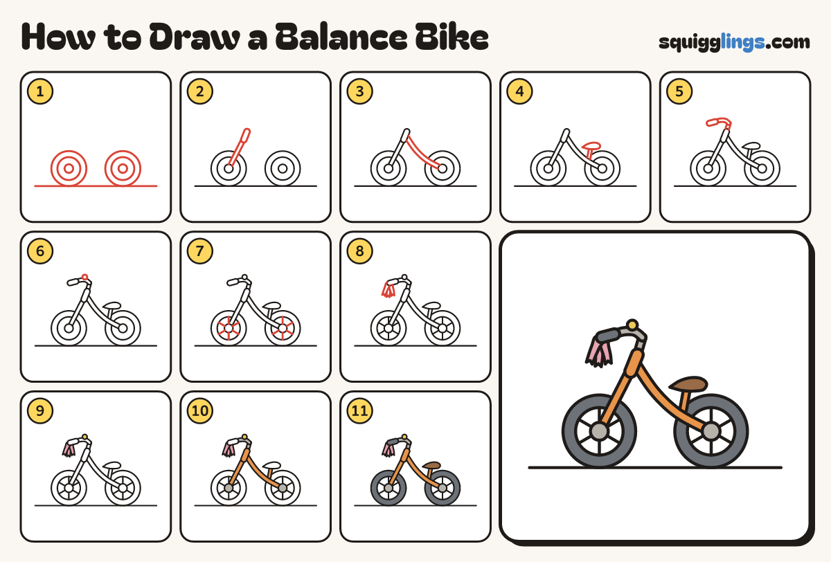 How to Draw a Balance Bike step by step: all 11 steps in one picture