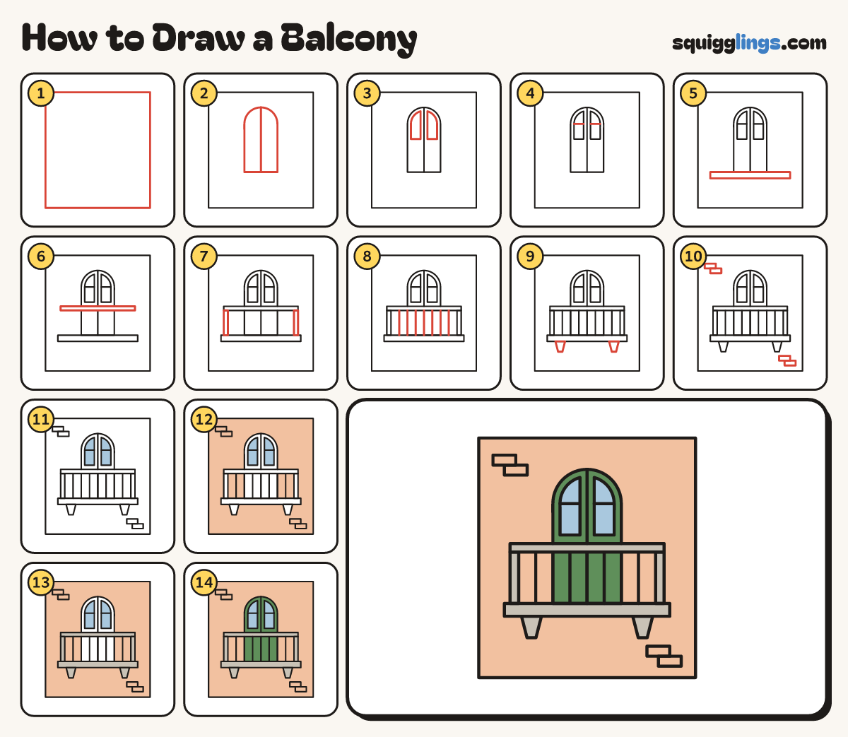 How to Draw a Balcony step by step: all 14 steps in one picture