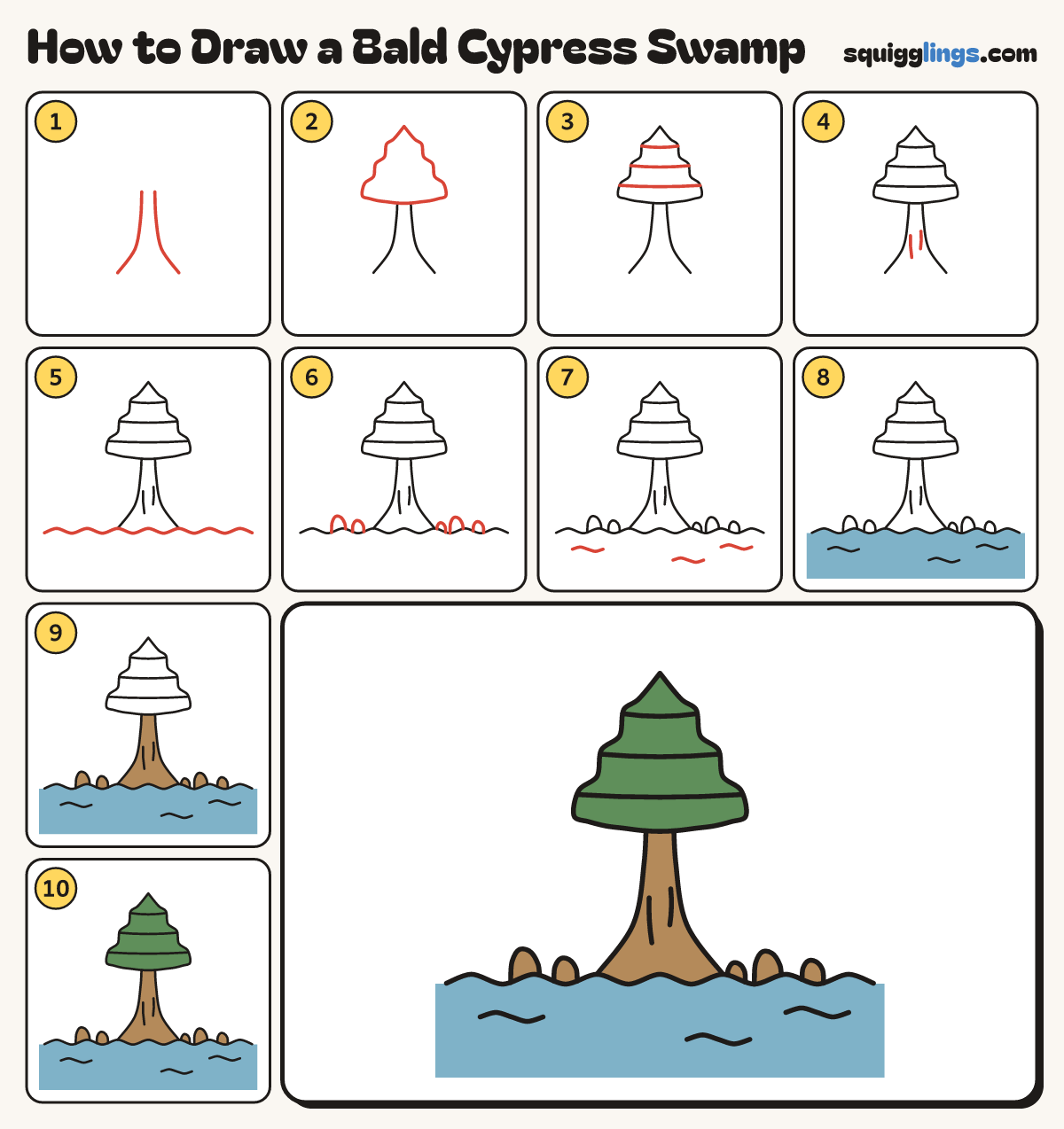 How to Draw a Bald Cypress Swamp step by step: all 10 steps in one picture