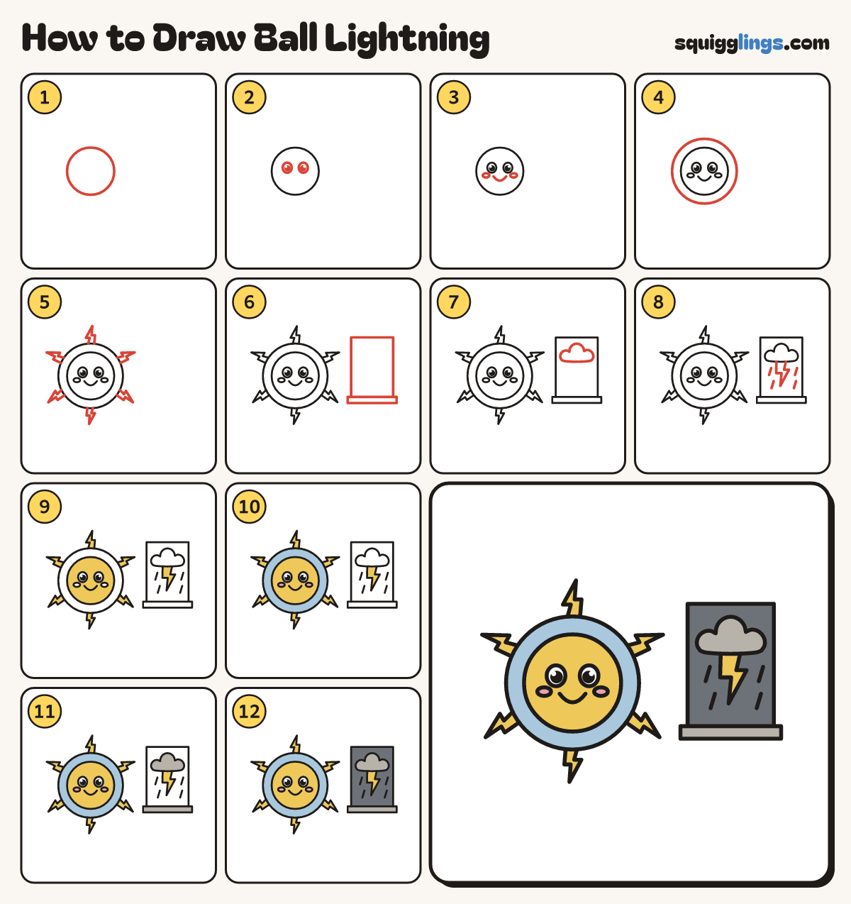 How to Draw Ball Lightning step by step: all 12 steps in one picture