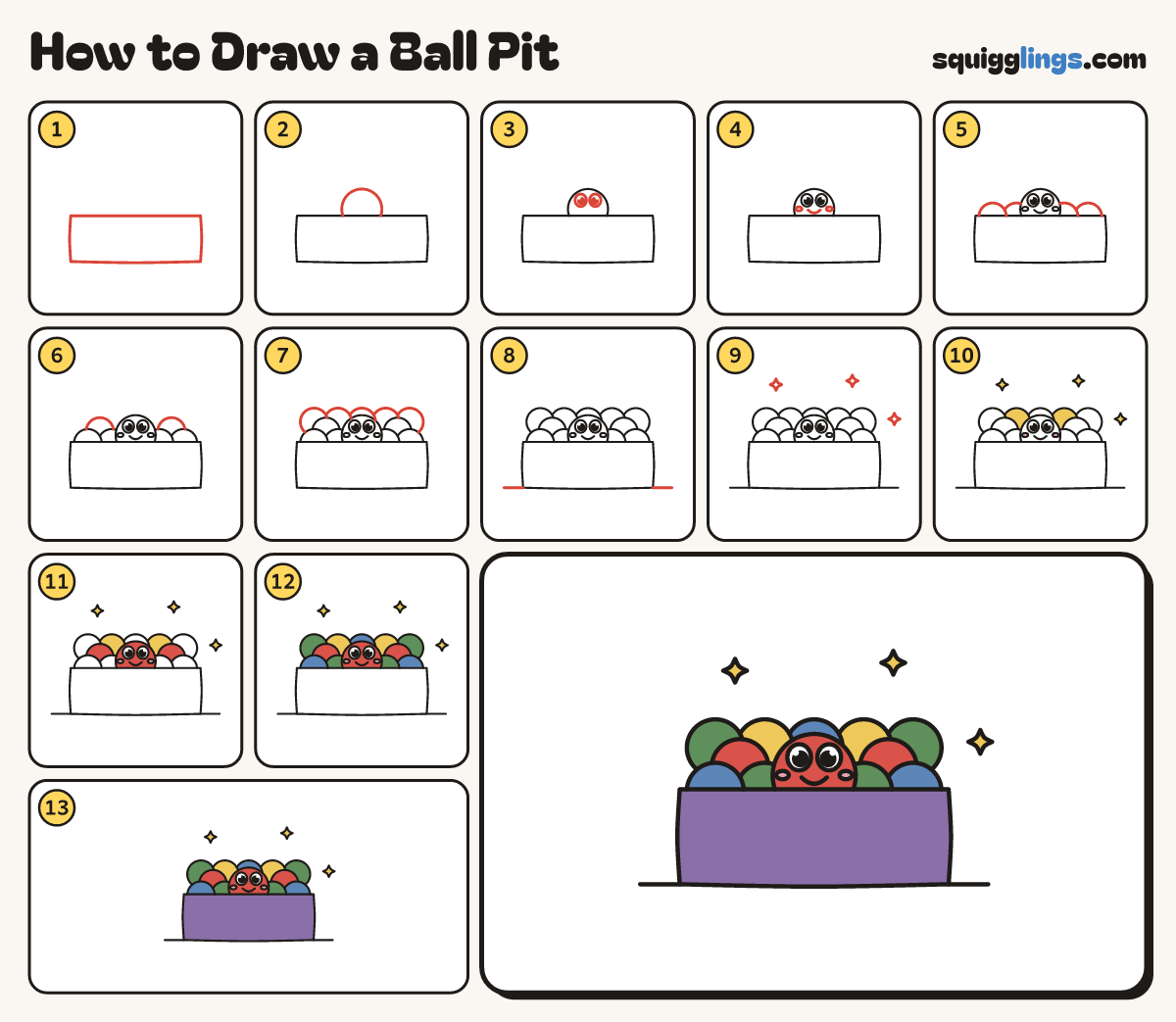 How to Draw a Ball Pit step by step: all 13 steps in one picture