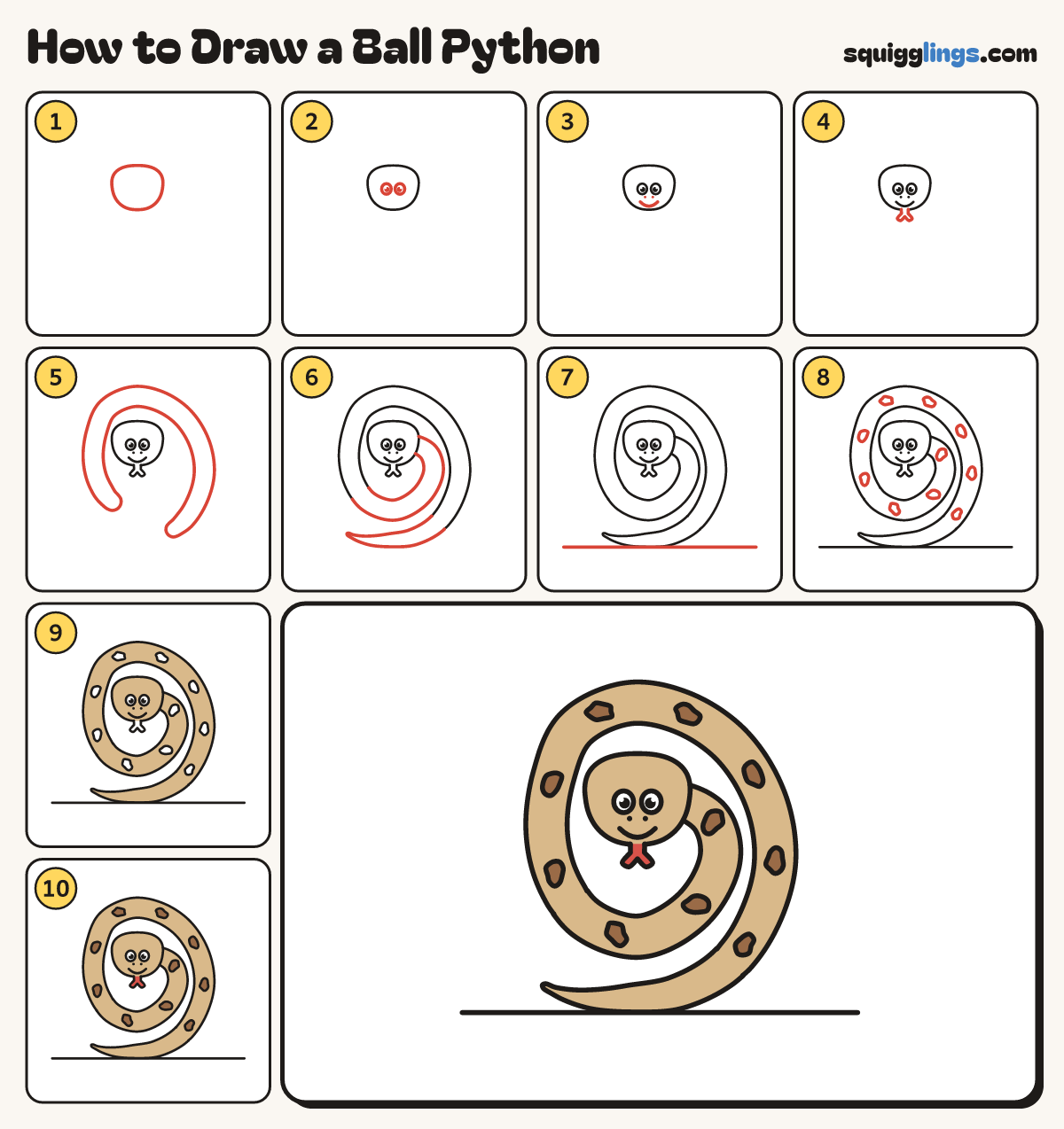 How to Draw a Ball Python step by step: all 10 steps in one picture