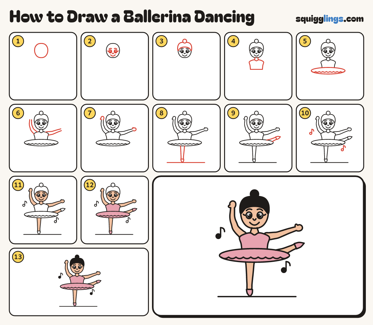 How to Draw a Ballerina Dancing step by step: all 13 steps in one picture