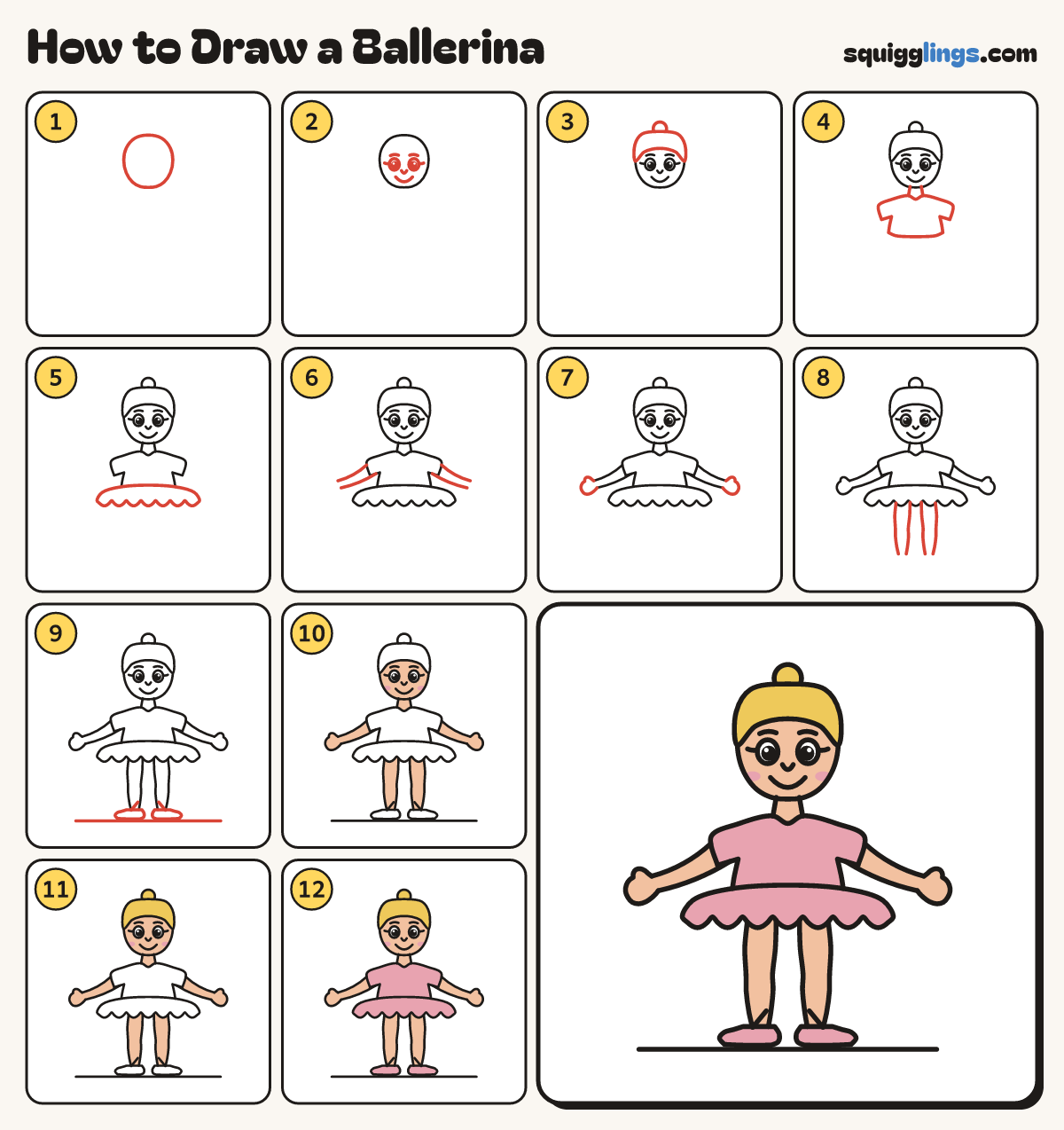 How to Draw a Ballerina step by step: all 12 steps in one picture