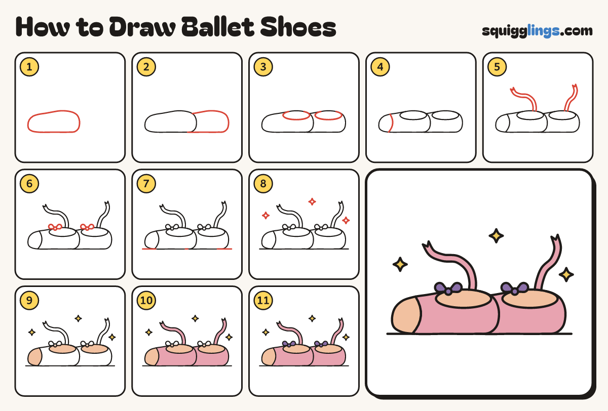 How to Draw Ballet Shoes step by step: all 11 steps in one picture