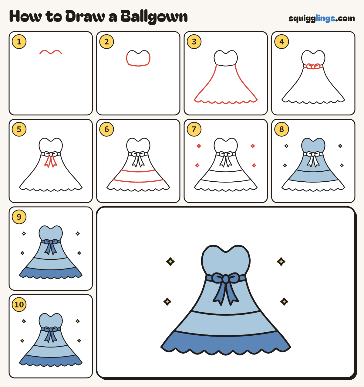 How to Draw a Ballgown step by step: all 10 steps in one picture