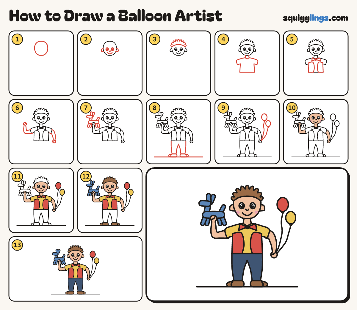 How to Draw a Balloon Artist step by step: all 13 steps in one picture