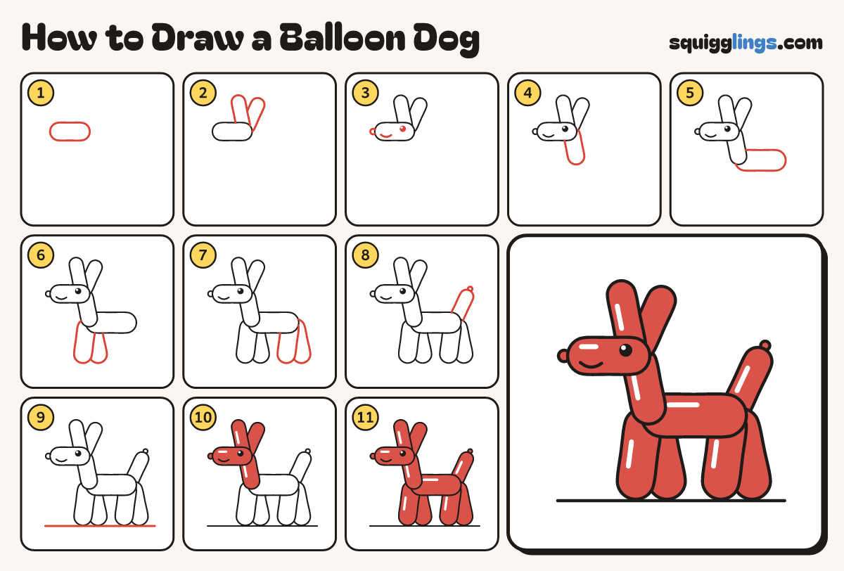 How to Draw a Balloon Dog step by step: all 11 steps in one picture