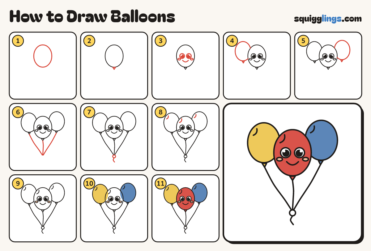 How to Draw Balloons step by step: all 11 steps in one picture