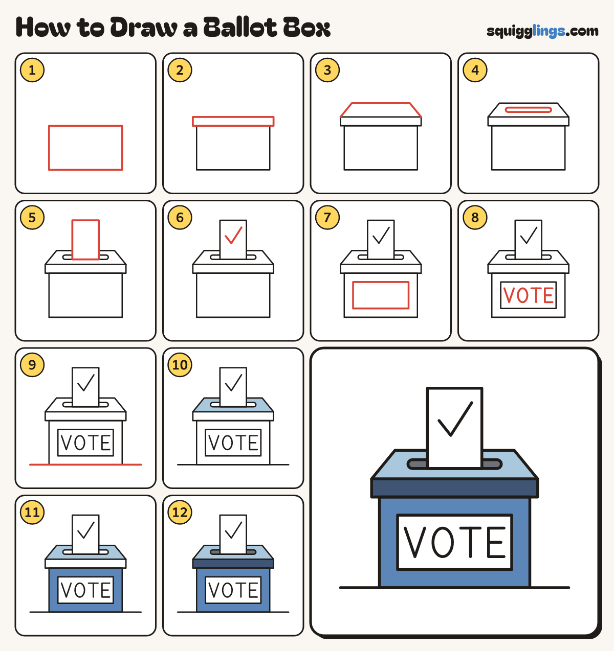 How to Draw a Ballot Box step by step: all 12 steps in one picture