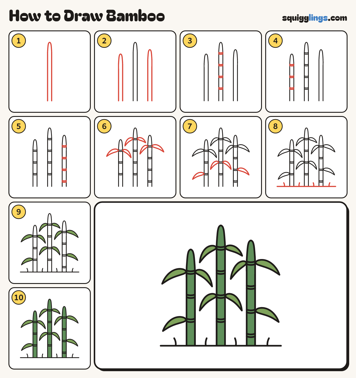 How to Draw Bamboo step by step: all 10 steps in one picture