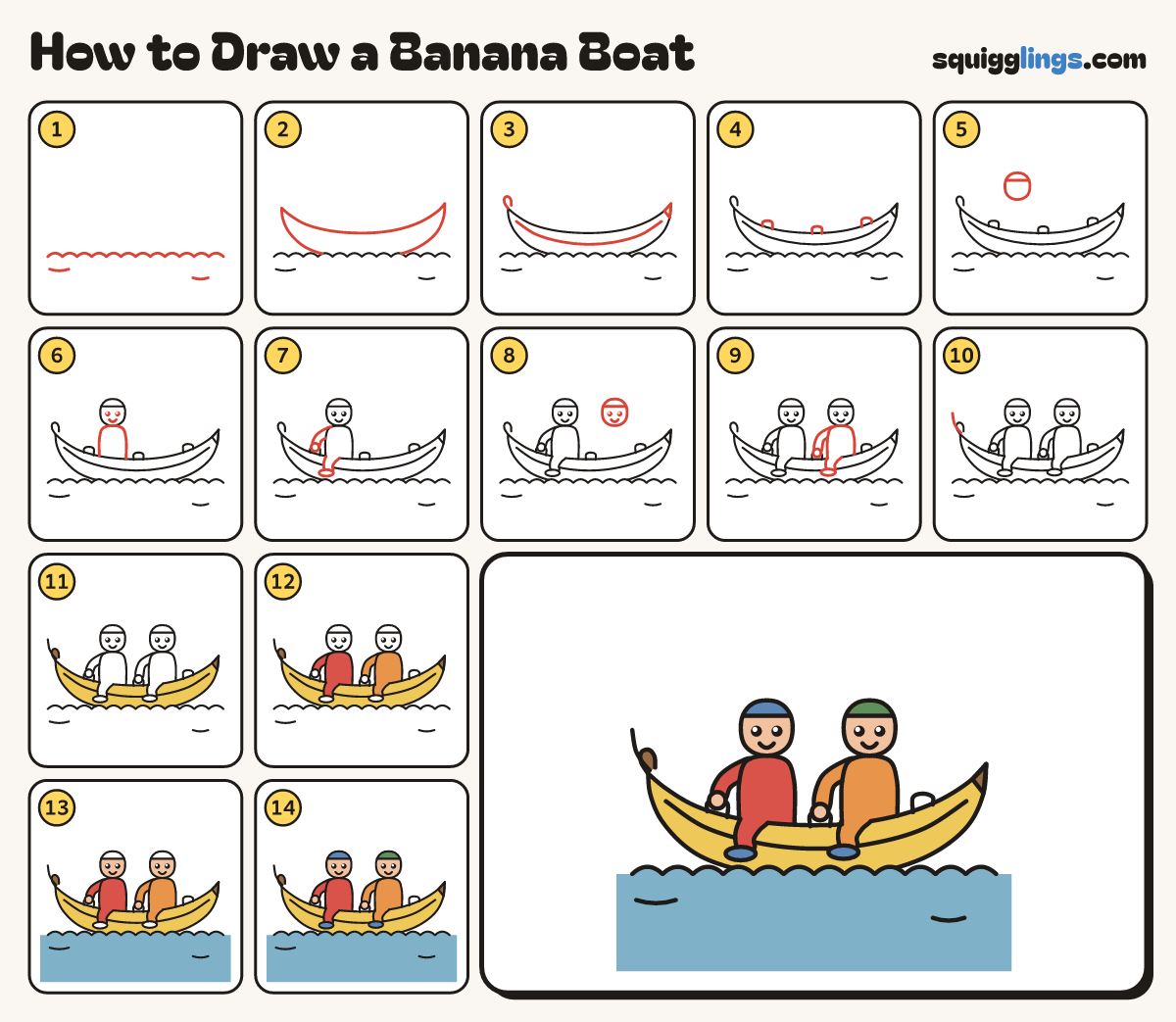 How to Draw a Banana Boat step by step: all 14 steps in one picture