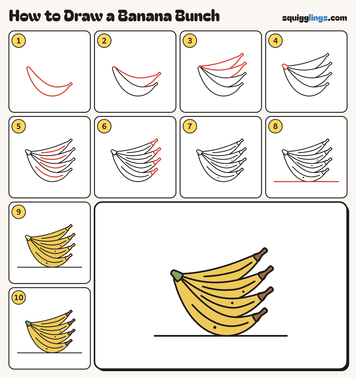 How to Draw a Banana Bunch step by step: all 10 steps in one picture