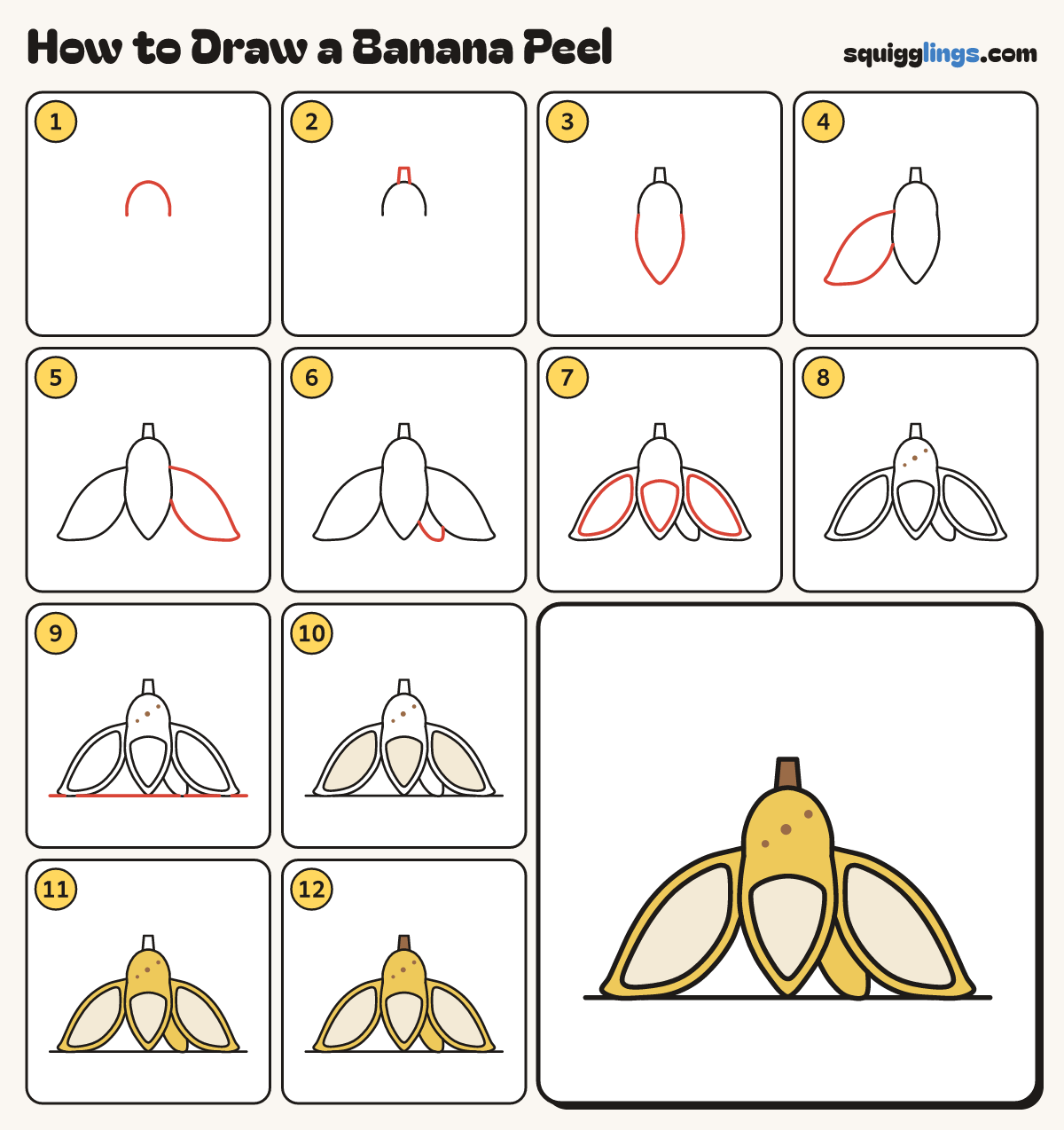 How to Draw a Banana Peel step by step: all 12 steps in one picture