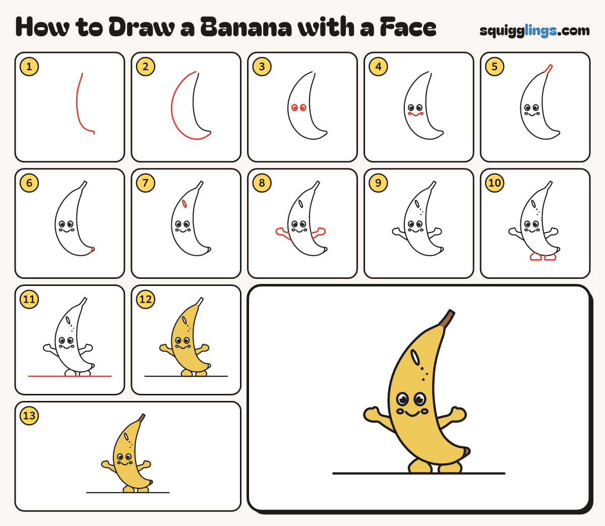 How to Draw a Banana with a Face step by step: all 13 steps in one picture
