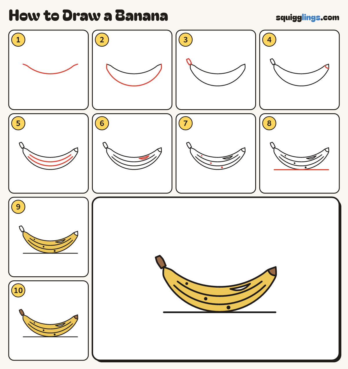 How to Draw a Banana step by step: all 10 steps in one picture