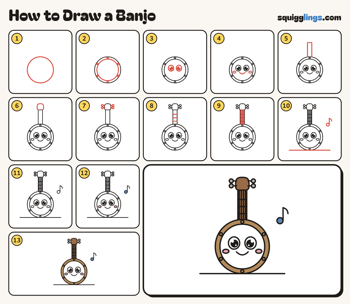 How to Draw a Banjo step by step: all 13 steps in one picture