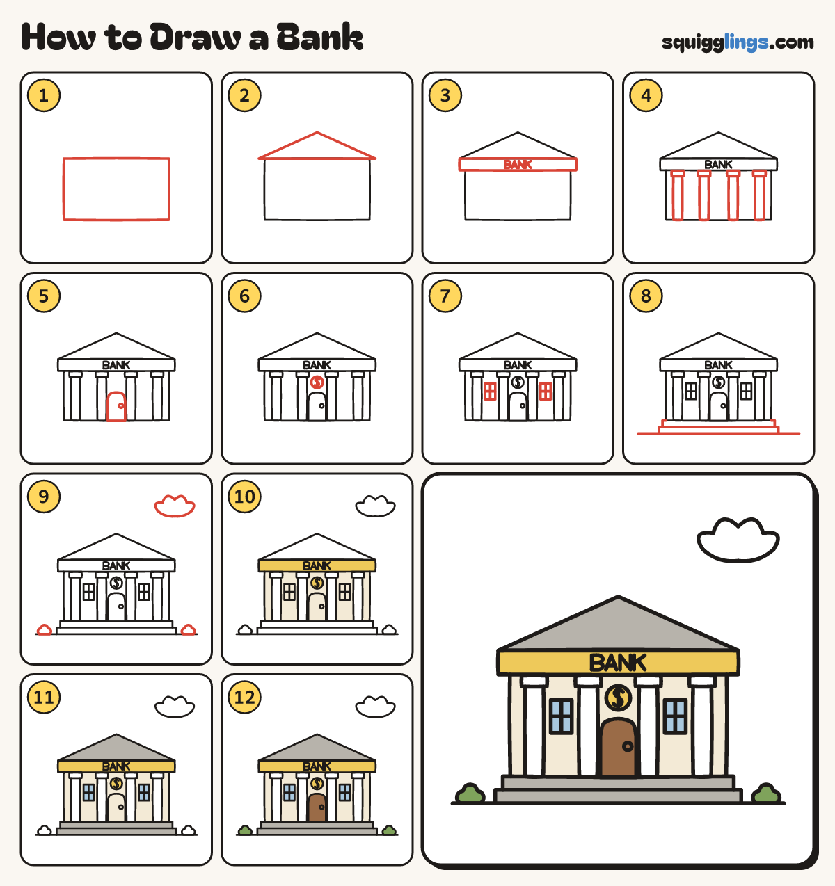 How to Draw a Bank step by step: all 12 steps in one picture