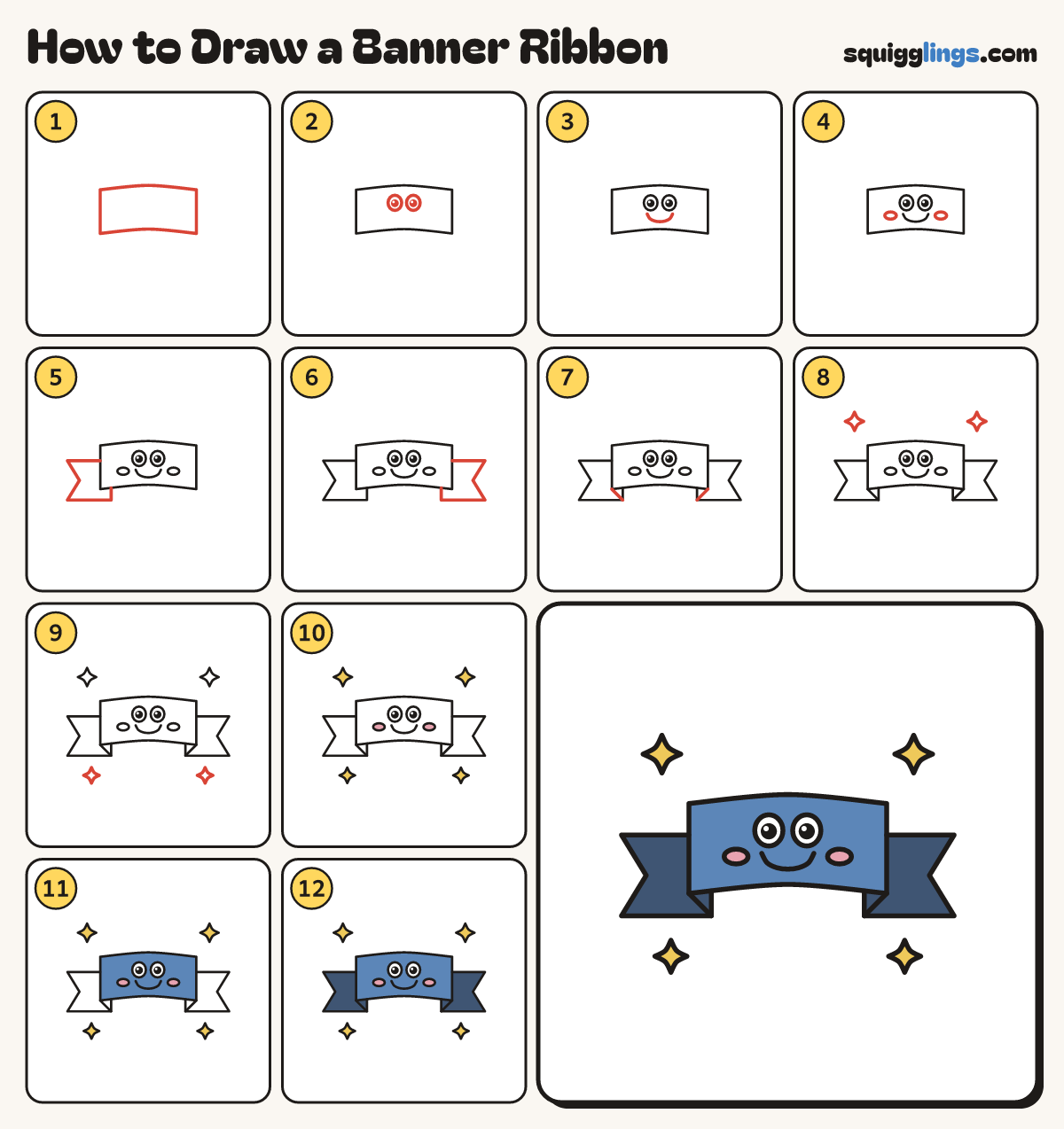 How to Draw a Banner Ribbon step by step: all 12 steps in one picture