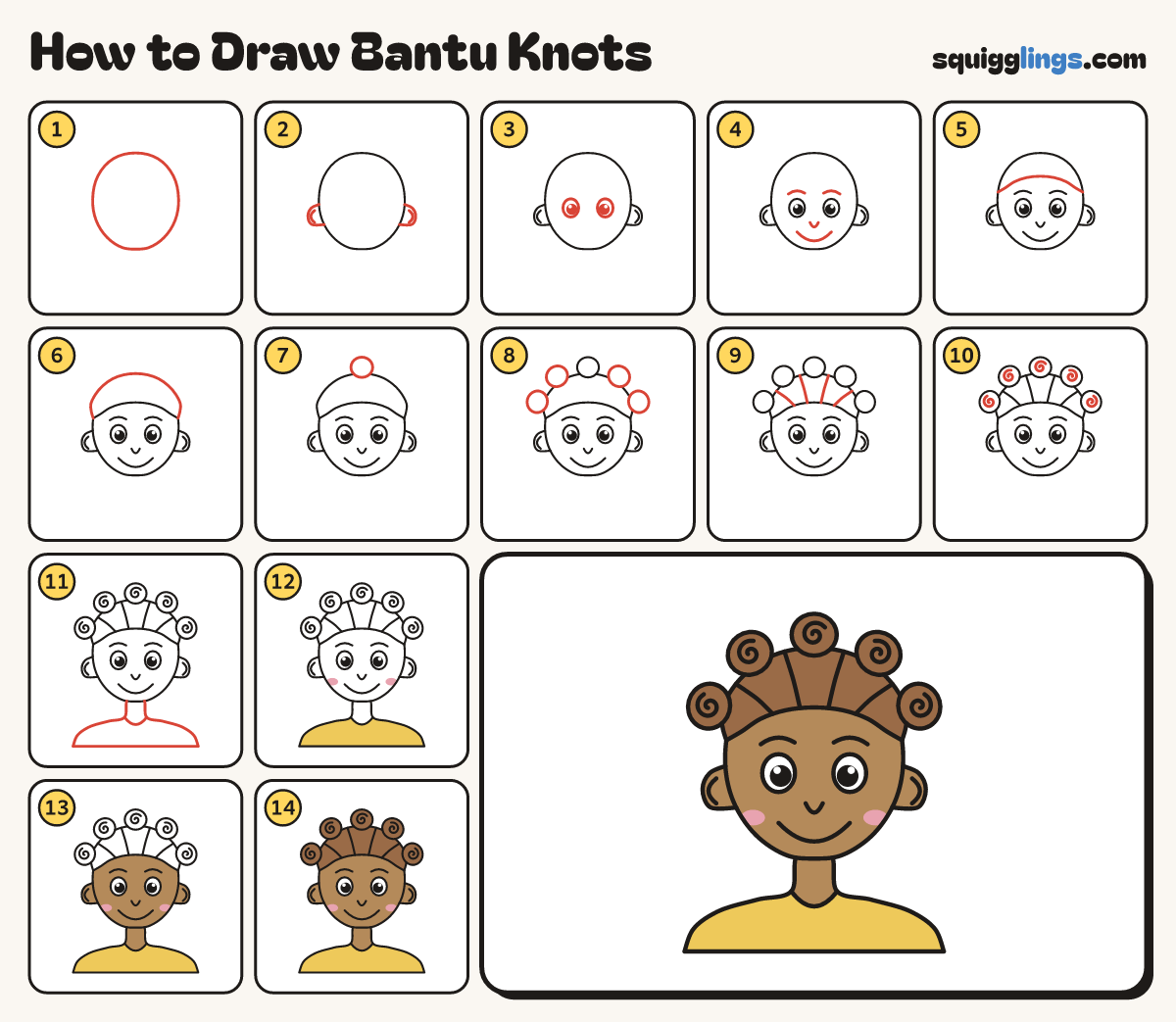 How to Draw Bantu Knots step by step: all 14 steps in one picture