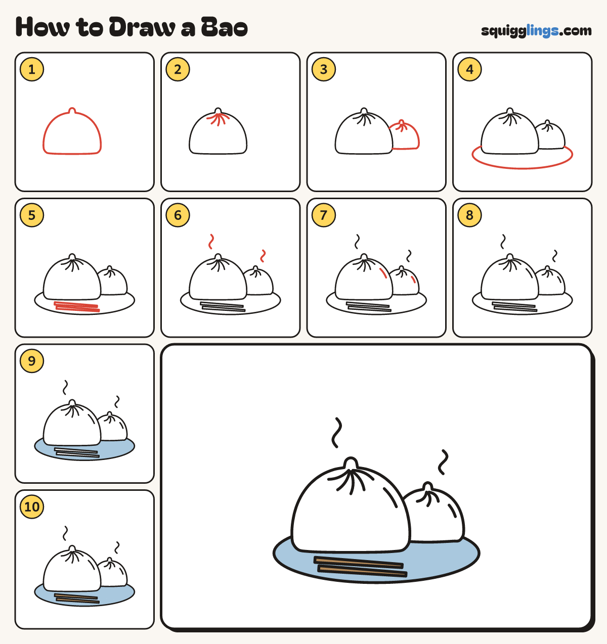 How to Draw a Bao step by step: all 10 steps in one picture