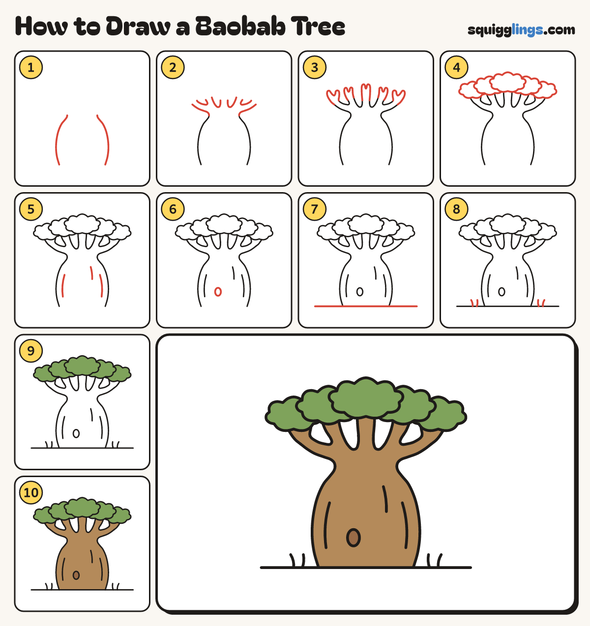 How to Draw a Baobab Tree step by step: all 10 steps in one picture