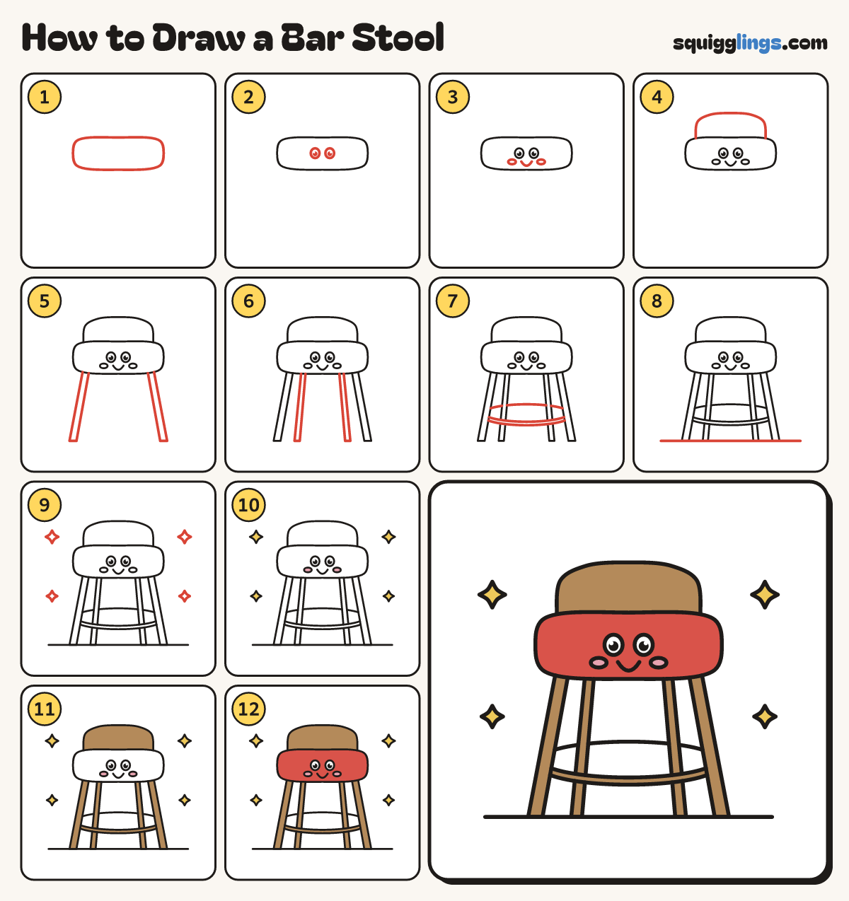 How to Draw a Bar Stool step by step: all 12 steps in one picture