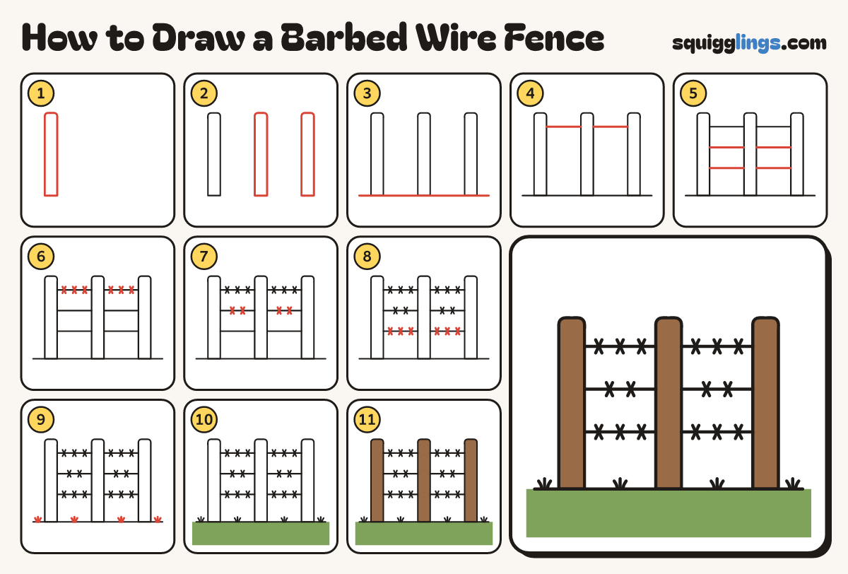 How to Draw a Barbed Wire Fence step by step: all 11 steps in one picture