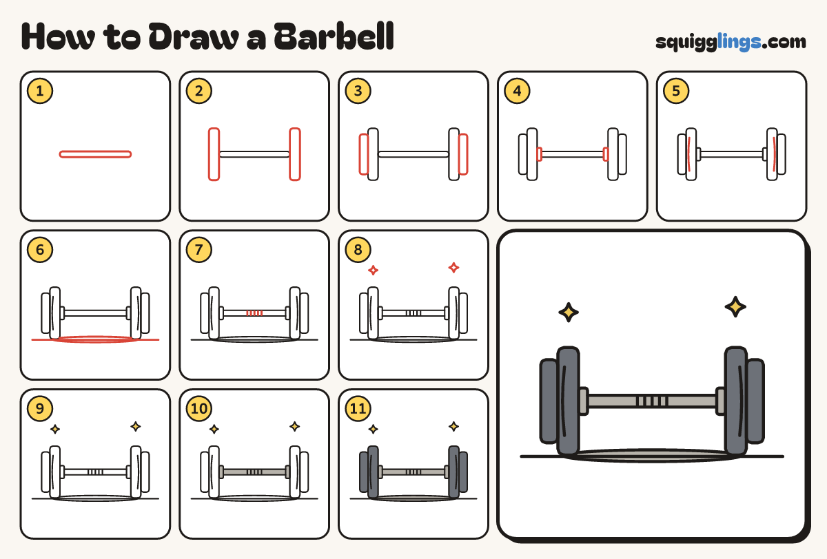 How to Draw a Barbell step by step: all 11 steps in one picture