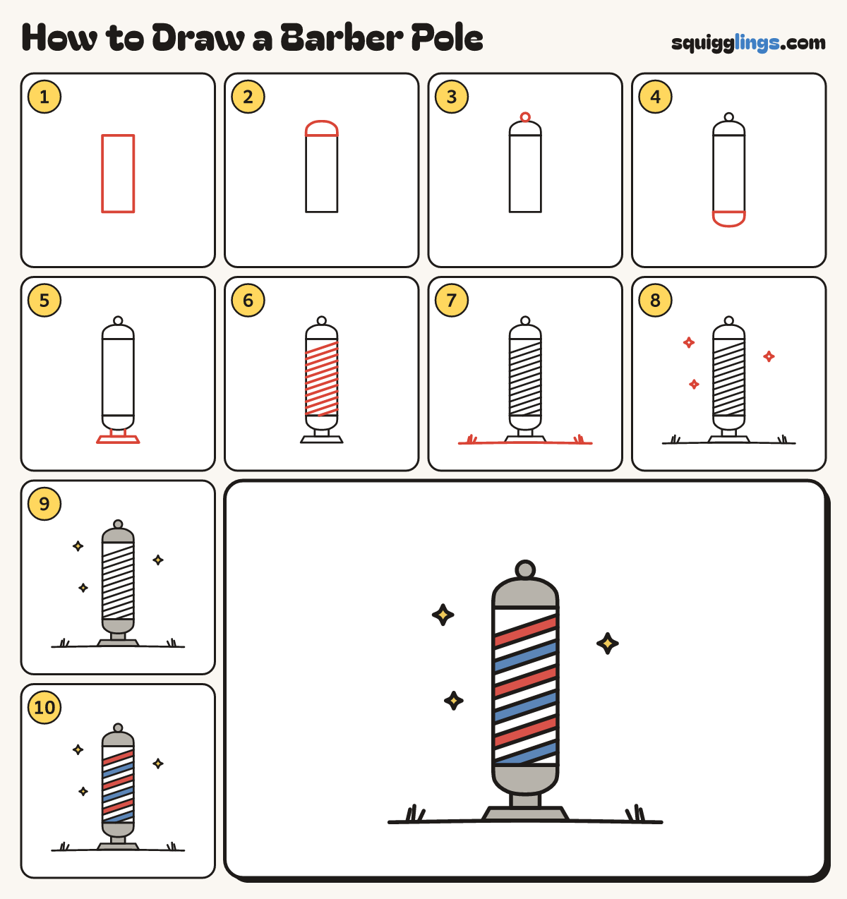 How to Draw a Barber Pole step by step: all 10 steps in one picture