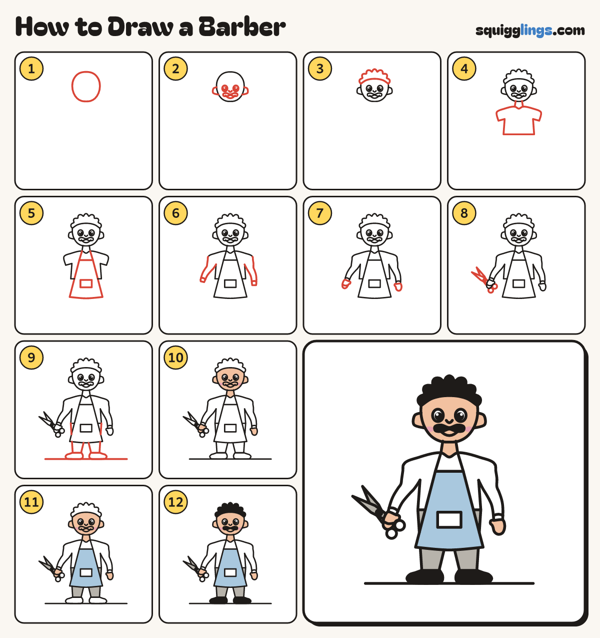 How to Draw a Barber step by step: all 12 steps in one picture