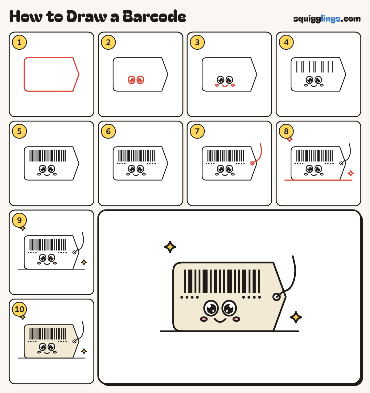 How to Draw a Barcode step by step: all 10 steps in one picture