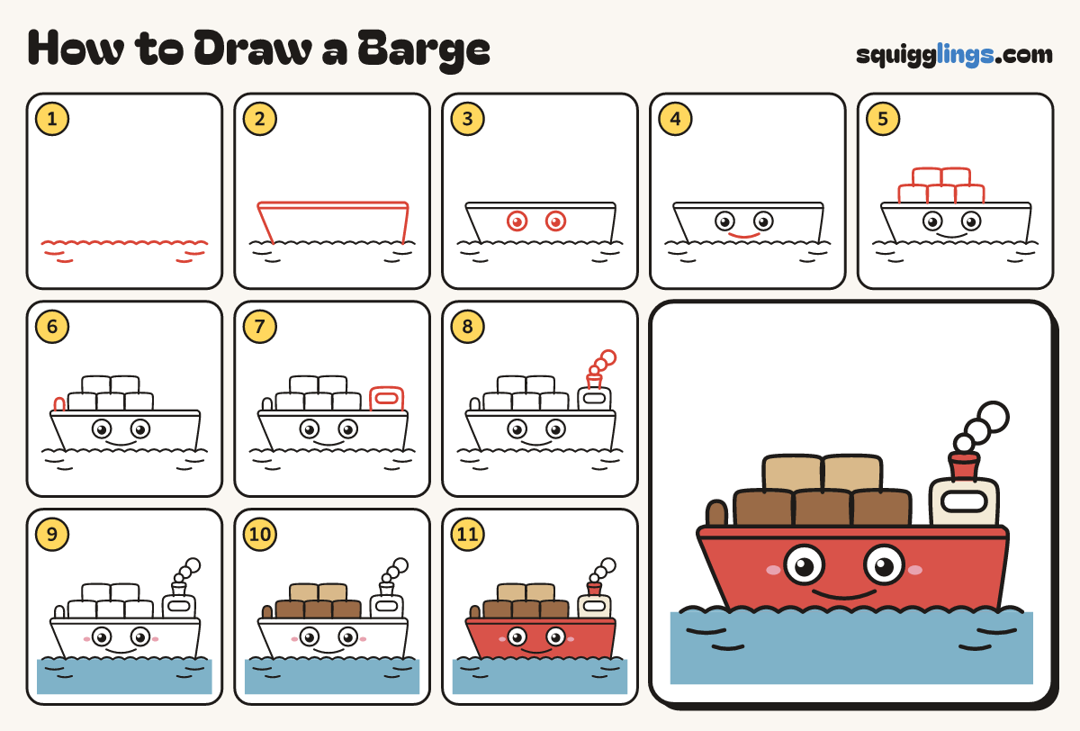 How to Draw a Barge step by step: all 11 steps in one picture