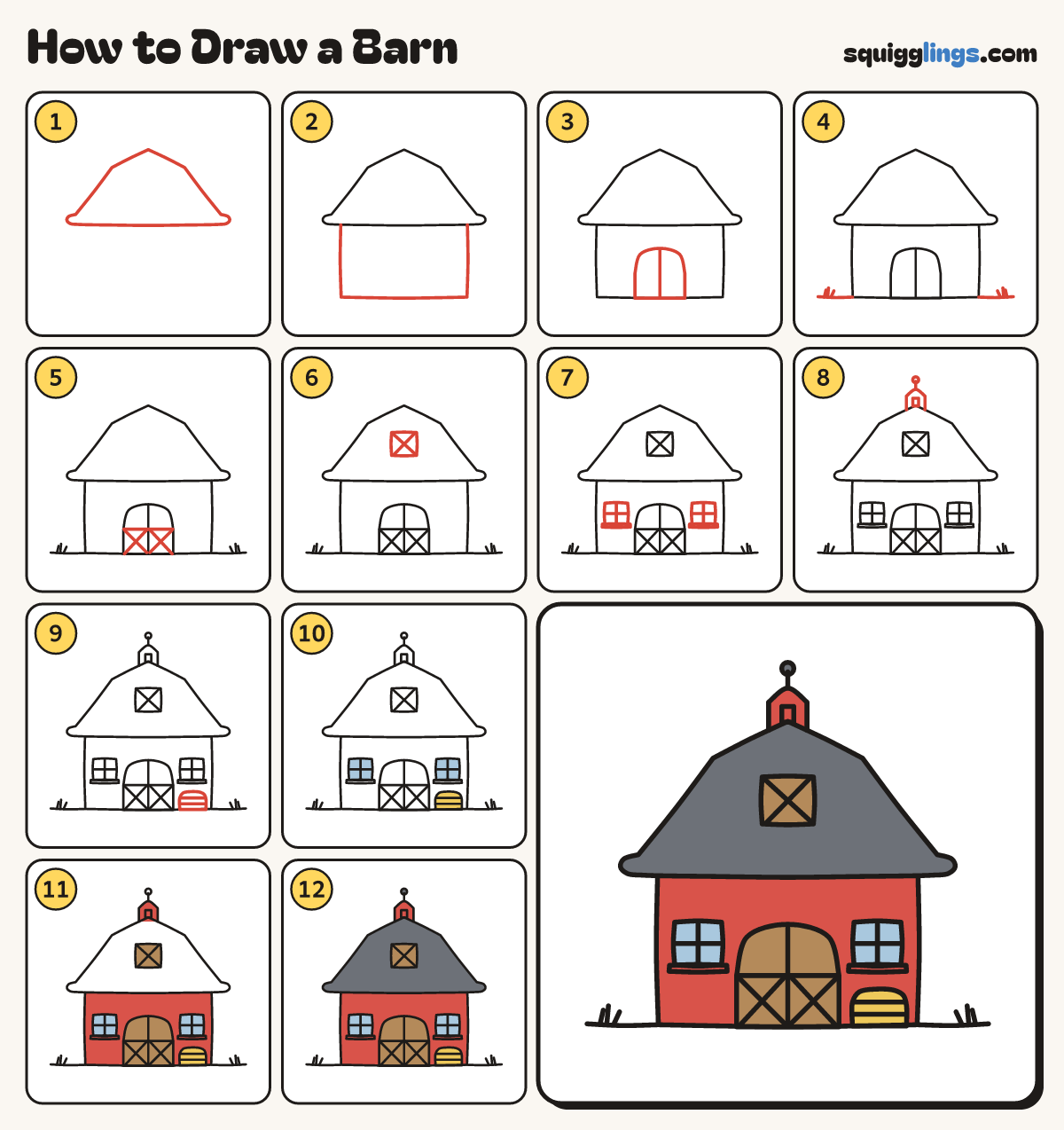 How to Draw a Barn step by step: all 12 steps in one picture