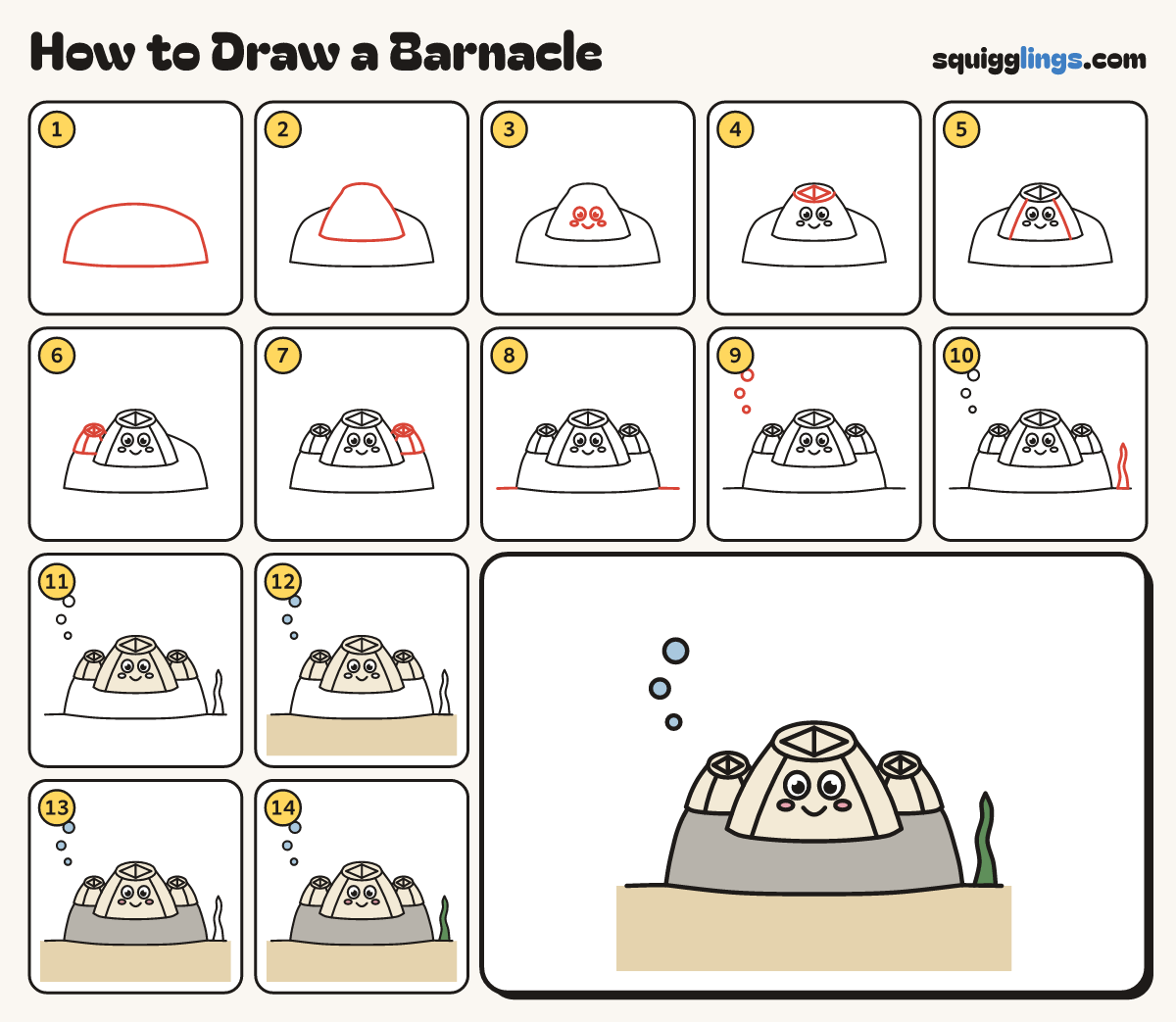 How to Draw a Barnacle step by step: all 14 steps in one picture
