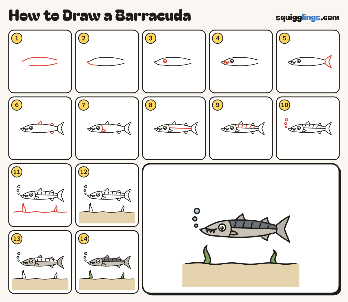 How to Draw a Barracuda step by step: all 14 steps in one picture