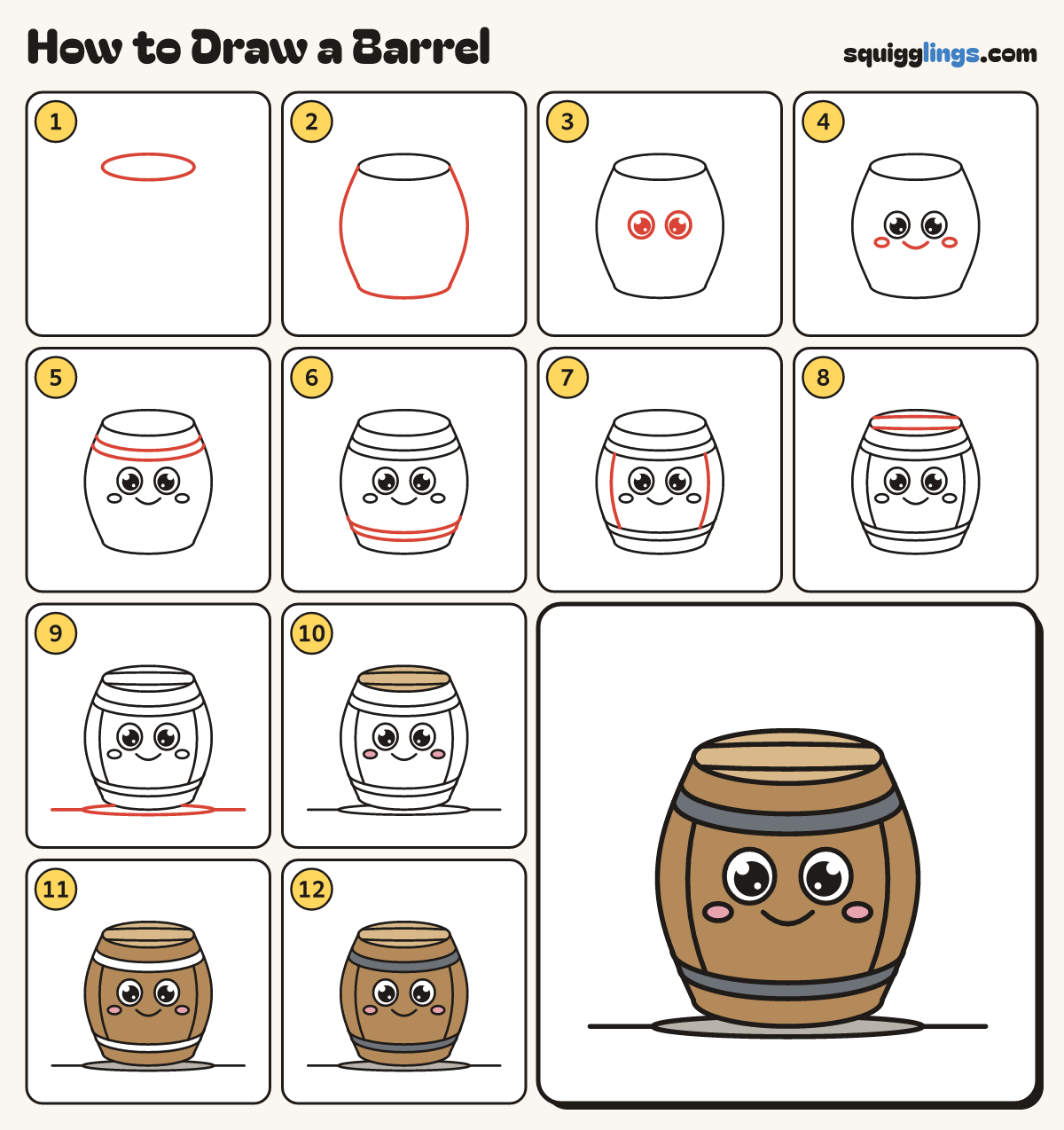 How to Draw a Barrel step by step: all 12 steps in one picture