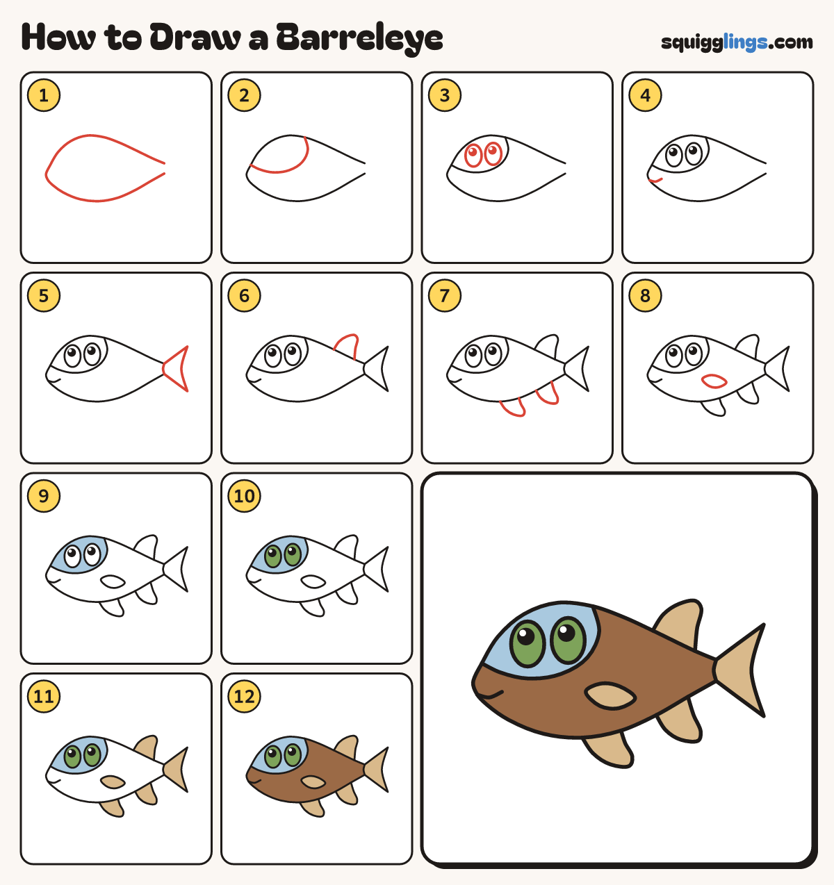 How to Draw a Barreleye step by step: all 12 steps in one picture