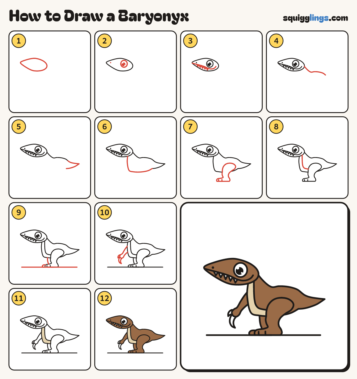 How to Draw a Baryonyx step by step: all 12 steps in one picture